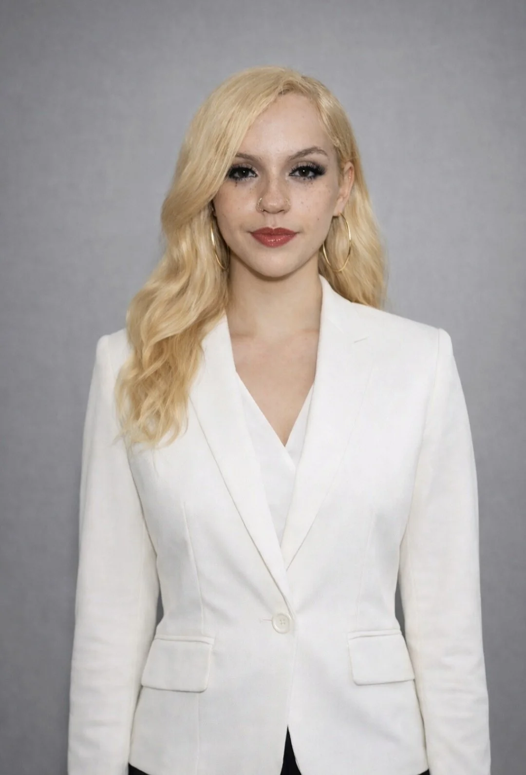 A young woman with blonde wavy hair, wearing a white blazer, gold hoop earrings, and a nose ring, standing against a gray background.