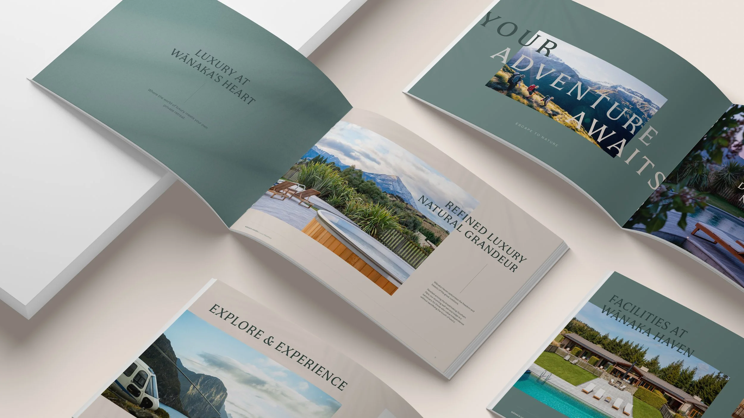 Modern logo and brand identity design for luxury accommodation in New Zealand, including brand collateral