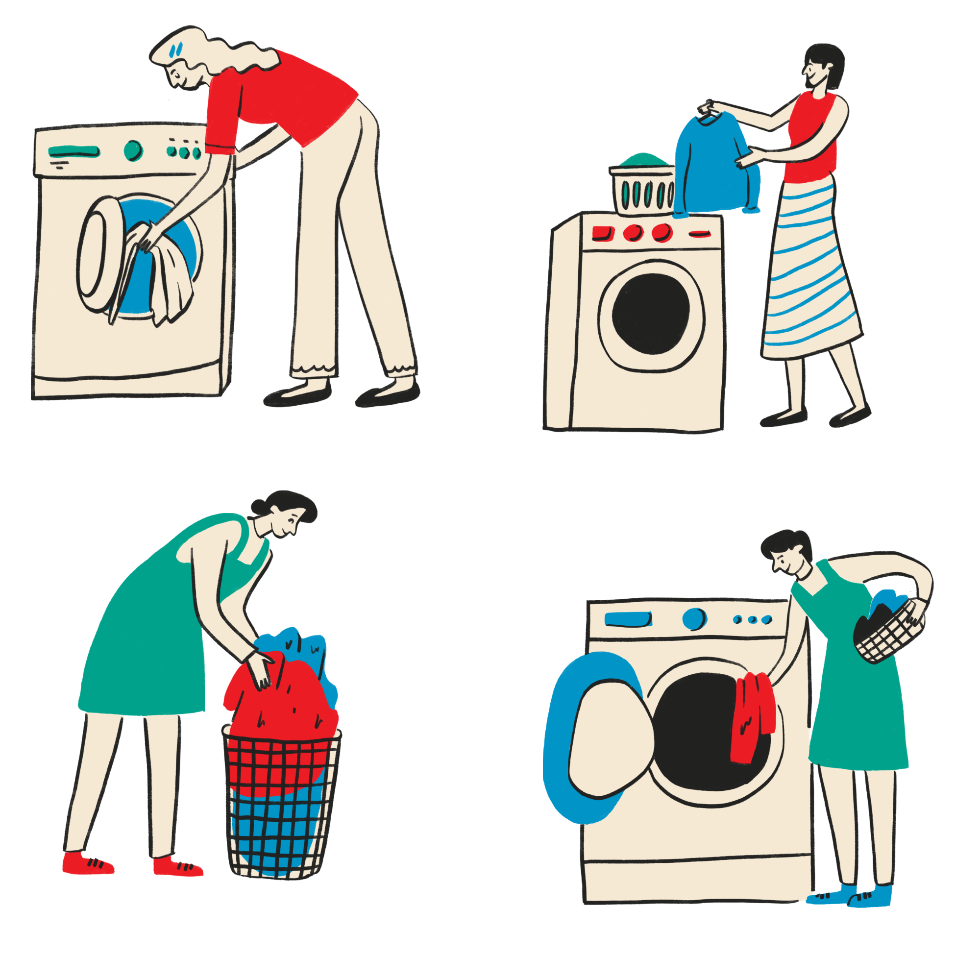 Four people doing laundry: one loading clothes into a washing machine, another hanging clothes to dry, a third putting clothes into a laundry basket, and a fourth transferring clothes from a washing machine to a dryer.