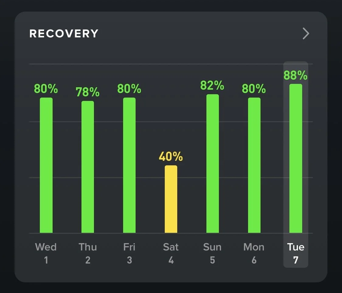 A recovery progress chart with daily percentages from Wednesday the 1st to Tuesday the 7th. Most days show recovery levels in the high 70s and low 80s, except Saturday the 4th which is at 40%.