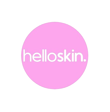 Pink circle with the text 'helloskin.' in black