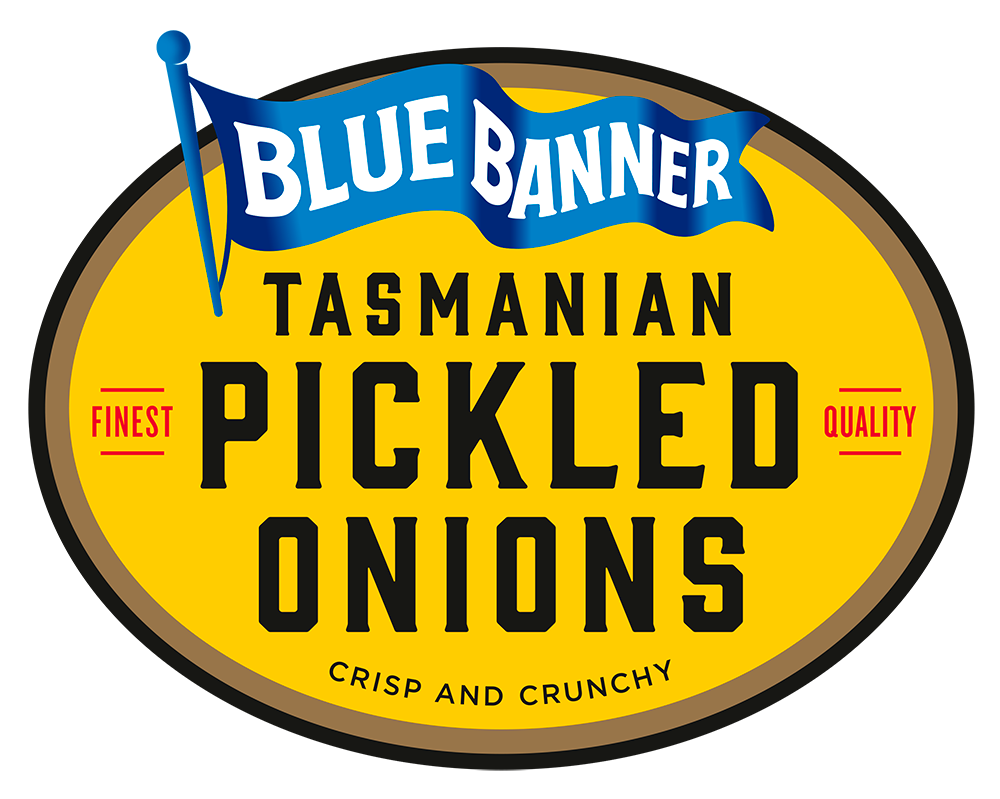 Label for Blue Banner Tasmanian Pickled Onions, emphasizing finest quality, crisp and crunchy