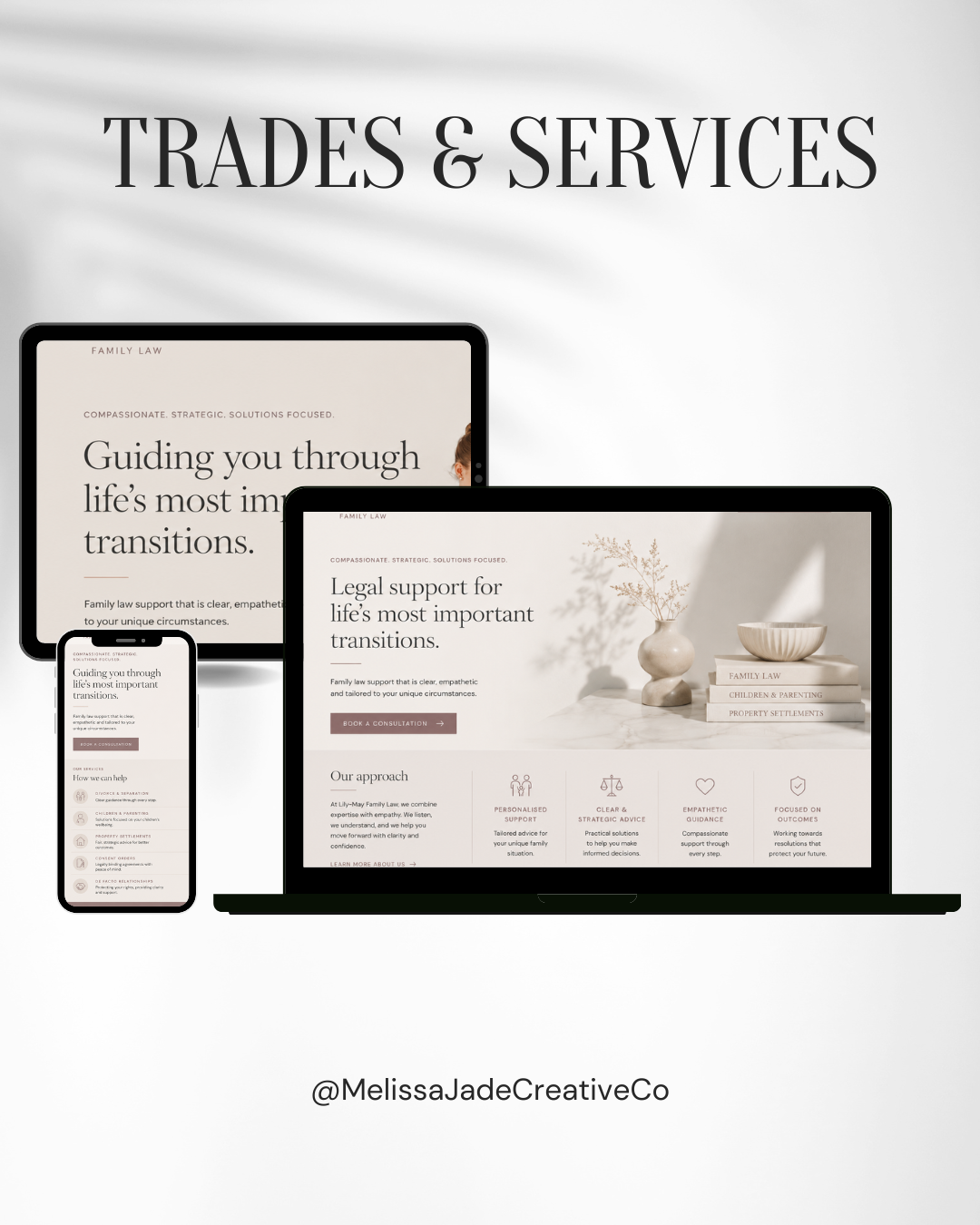 Digital devices displaying legal services website with text about guiding through life's transitions, family law support, and consultation options.