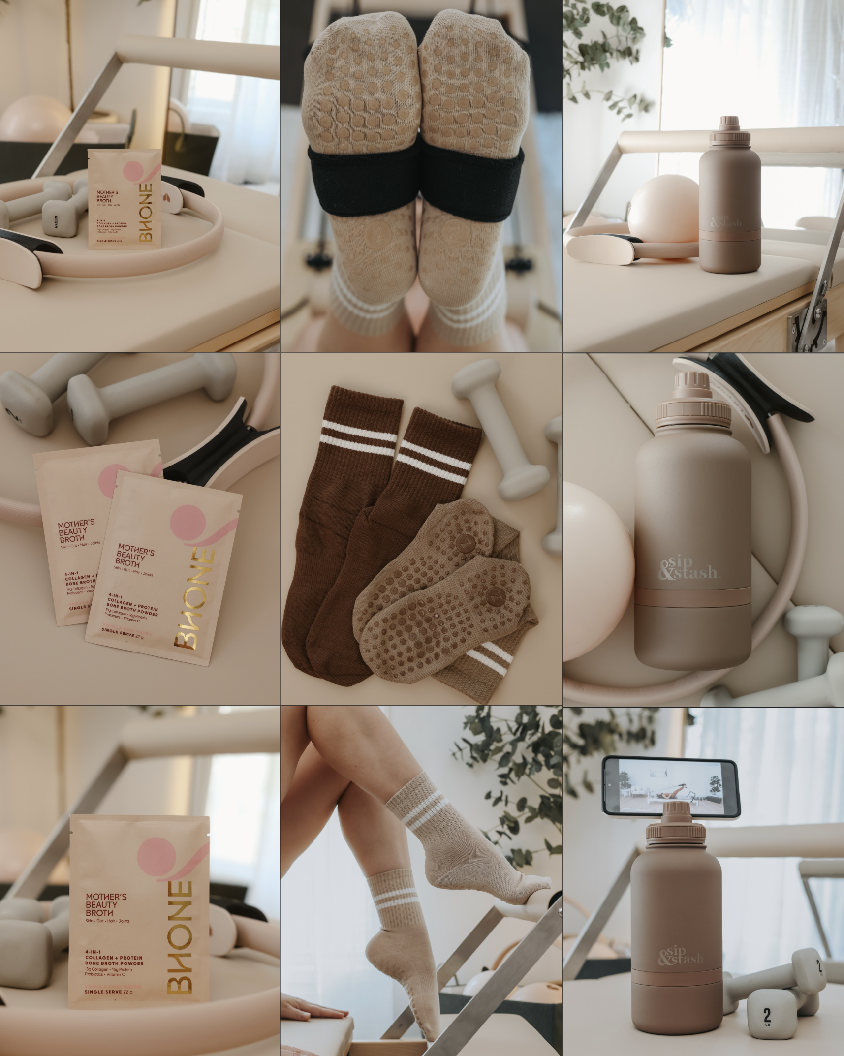 Collage of fitness and wellness items including a pair of beige socks with white and beige stripes, light pink water bottles, white dumbbells, brown socks with white stripes, a tablet displaying a workout scene, and wellness supplements labeled "Mother's Beauty Broth" on a light-colored desk with a plant in the background.