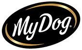My Dog logo with white text on black background and a gold swoosh