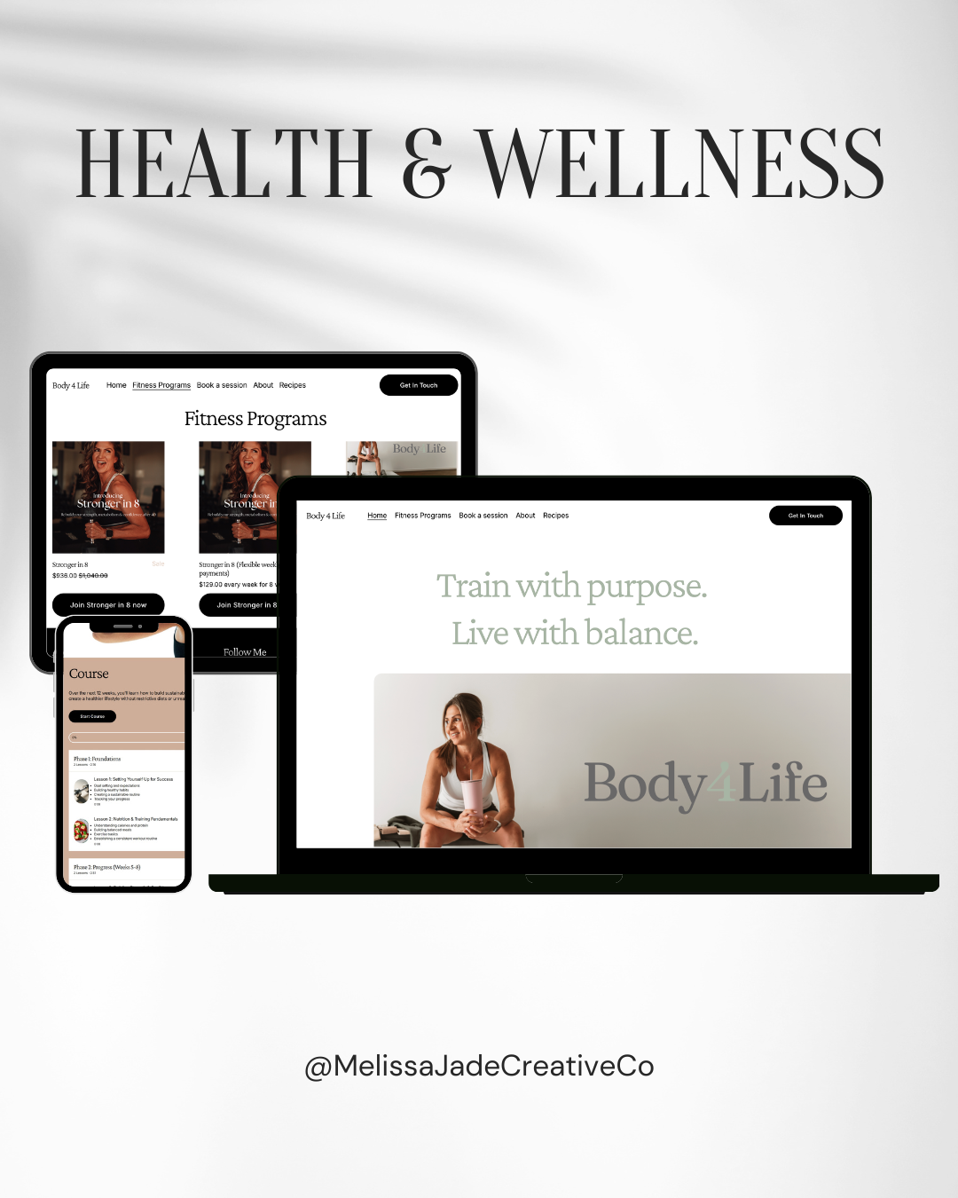 Digital screens and a smartphone display a health and wellness website, promoting fitness programs and courses with a woman smiling and sitting on the floor.