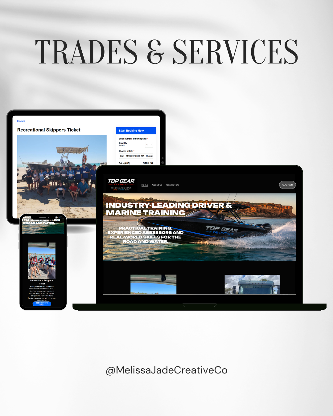 Screenshot of a website for trades and services, including industry driver and marine training, displayed on multiple devices with a white background.