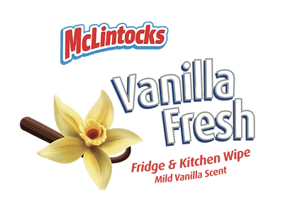A package of McLintocks Vanilla Fresh fridge and kitchen wipe with a vanilla scent, featuring a vanilla flower and a chocolate stick on the front.