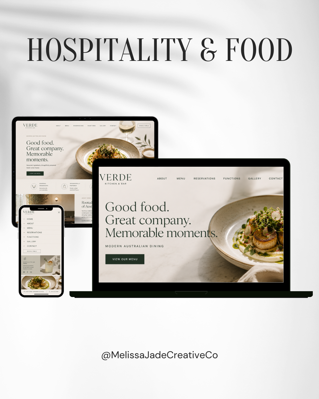 Website mockup for a restaurant named Verde Kitchen & Bar displayed on a laptop, tablet, and phone screens with a minimalist design, food images, and menu options.