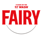 Fairy laundry detergent logo with a red and white design and the slogan 'Cleans on the 1st Wash' in a circular badge
