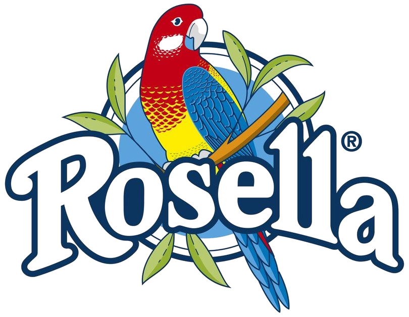 Colorful logo of Rosella brand featuring a red, yellow, and blue parrot sitting on a branch with green leaves, and the word "Rosella" written in stylized blue and white letters.