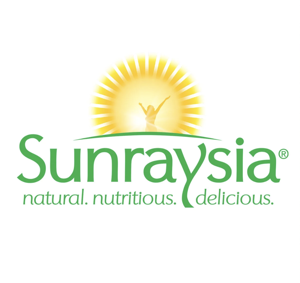 Logo for Sunraysia with a silhouette of a person reaching towards the sun and the slogan "natural. nutritious. delicious."