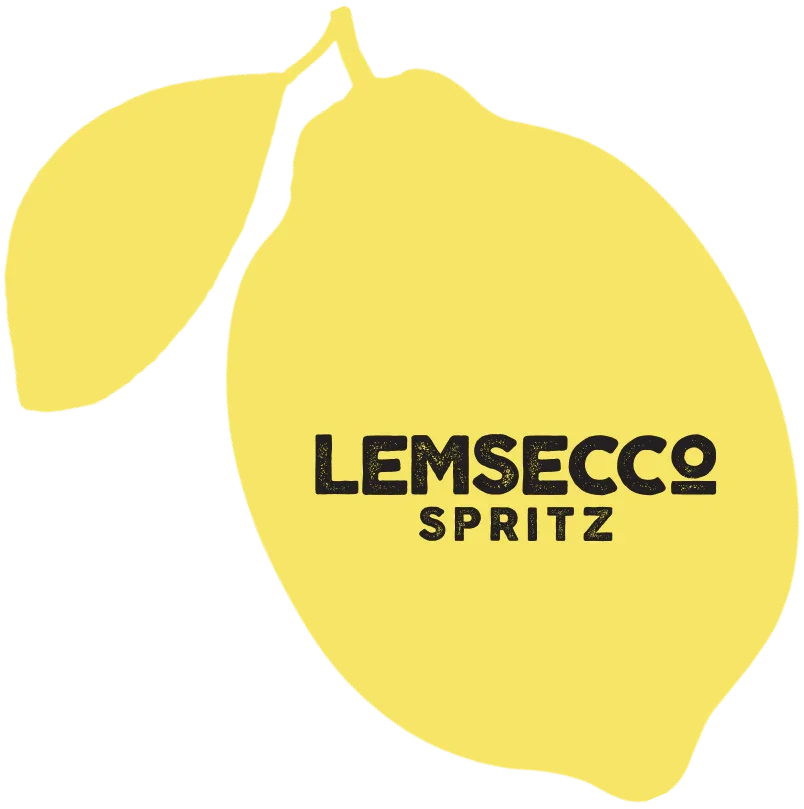 Yellow lemon with black text reading "Lemsecco Spritz" and a leaf attached to the stem.