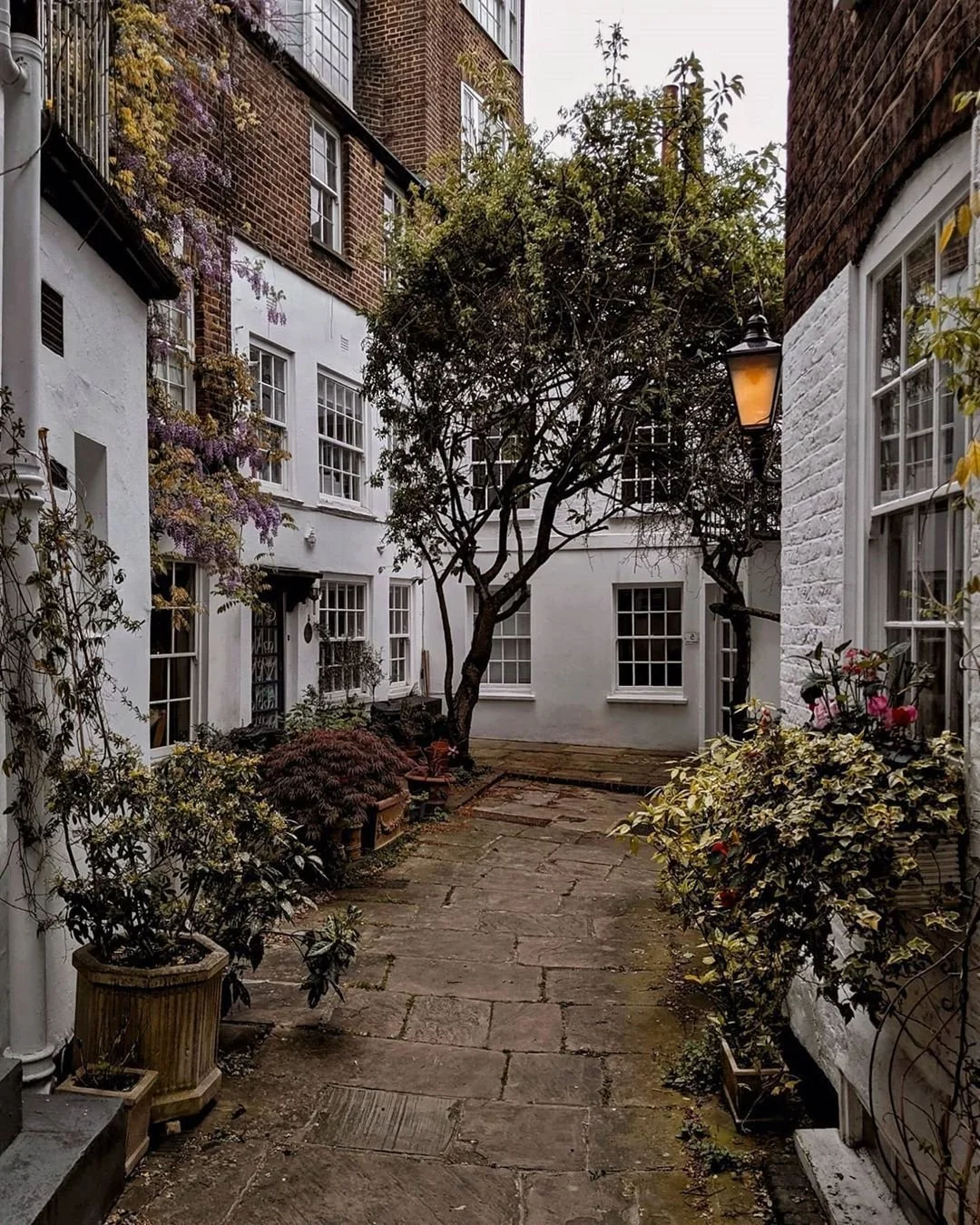 A narrow courtyard between white-walled houses with brick accents, featuring a stone pathway, potted plants, a small bench, and a central tree, with a streetlamp on the right side.
