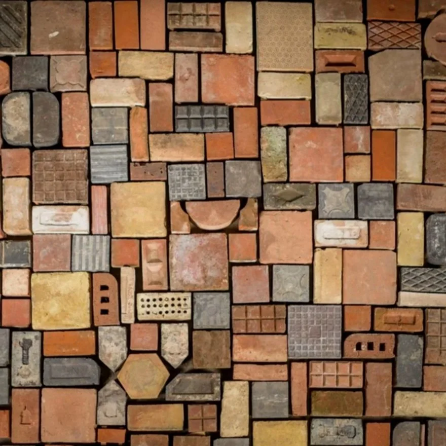 Collection of various bricks and tiles arranged in a mosaic pattern.