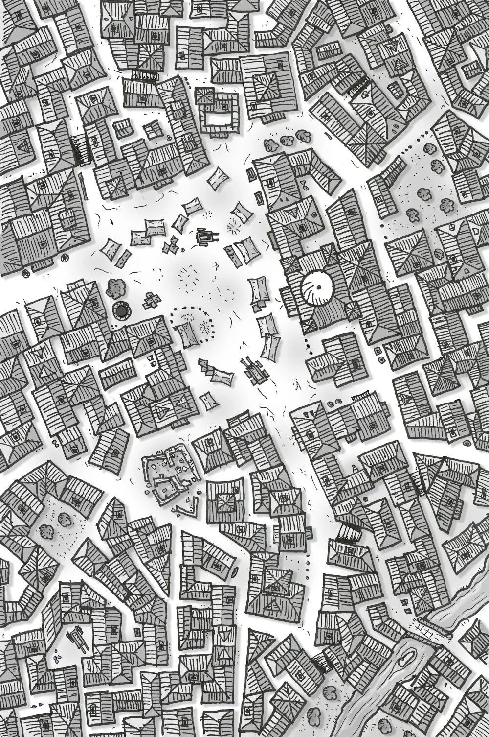 A black-and-white illustrated map of a densely built urban area with numerous buildings, streets, trees, and open spaces.