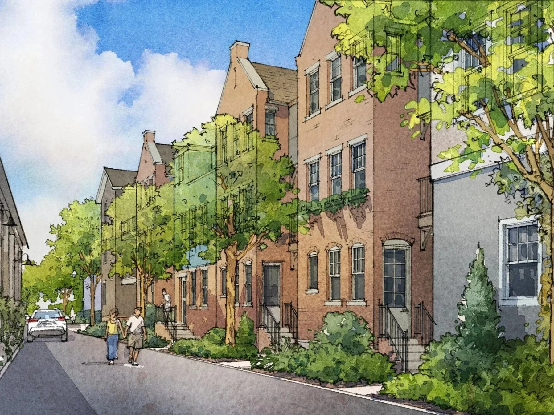 Watercolor painting of a city street scene with brick buildings, green trees, people walking, and cars parked along the road under a partly cloudy sky.