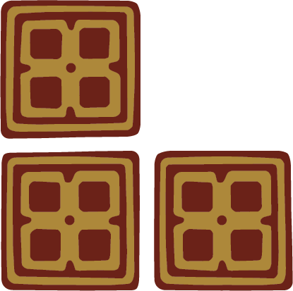 Three square cookies with a brown and tan pattern.