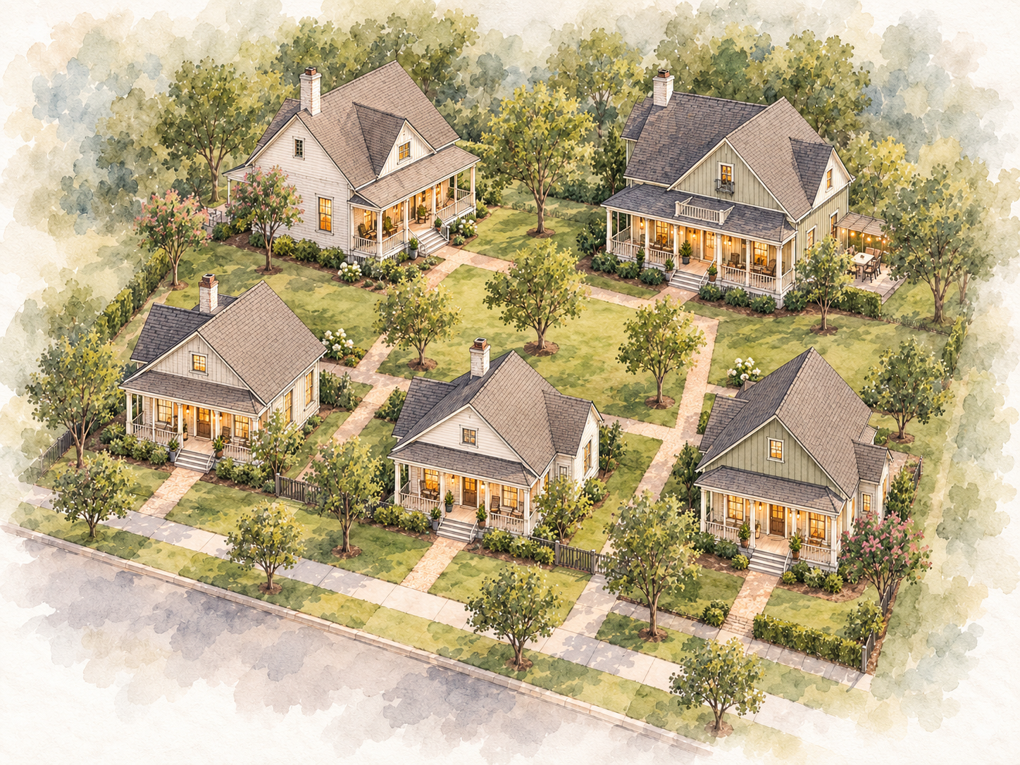 An illustrated aerial view of the Walker Street pocket neighborhood with five single-family houses, each with a porch and small lawn. The houses are surrounded by trees and shrubbery, with brick and concrete walkways connecting them.