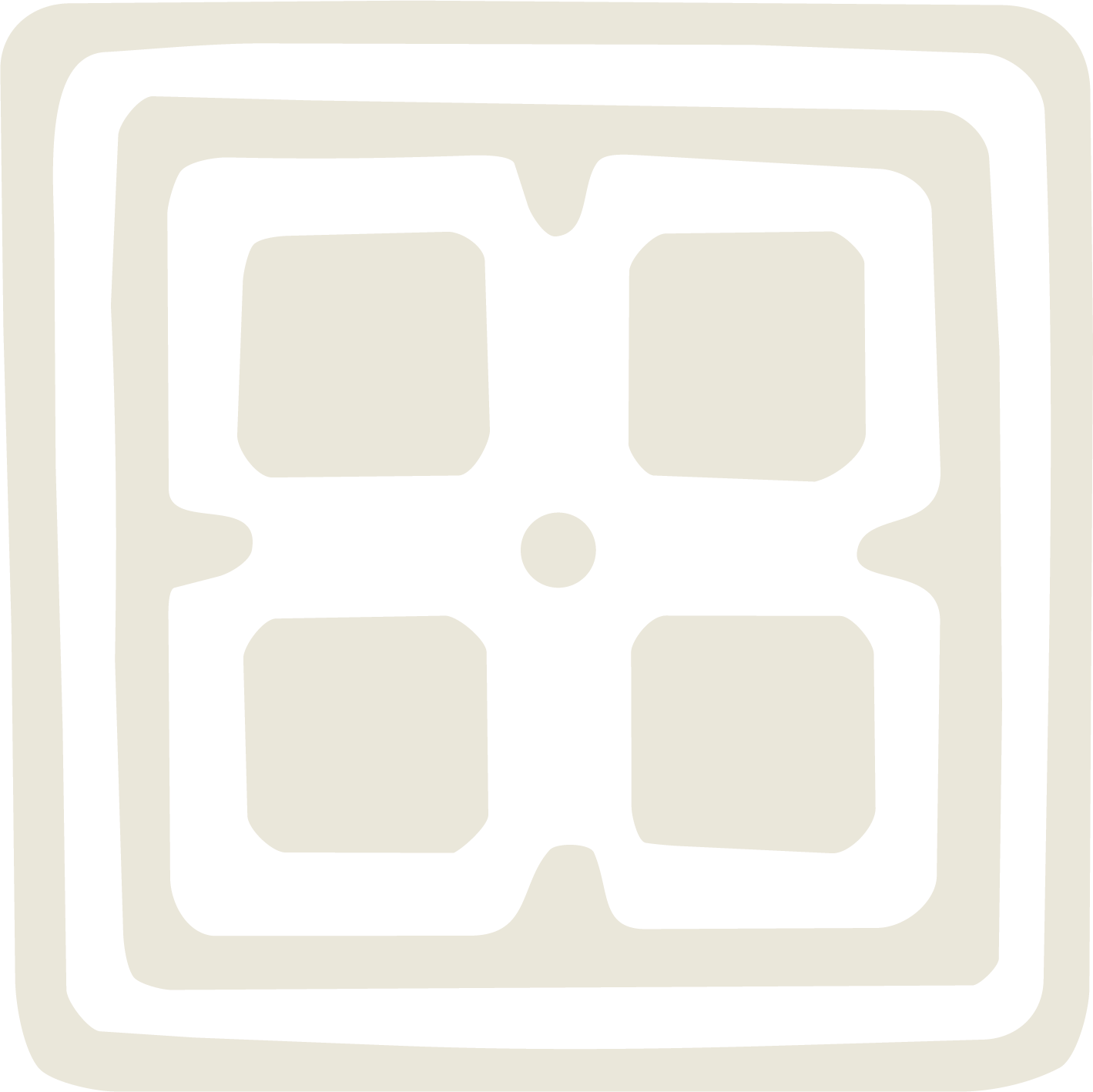 A black and white graphic of a stylized wafer cookie with four cubes in a grid, each divided into four smaller squares, with a dotted circle in the center.