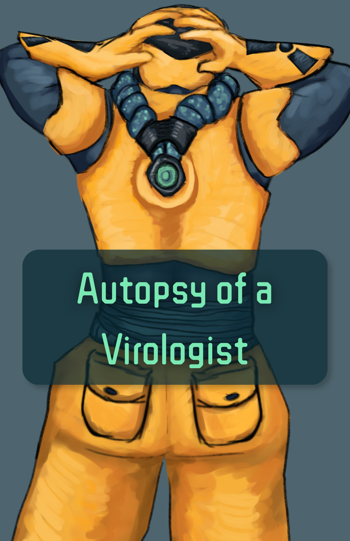 Button for a video game called "Autopsy of a Virologist" with the main character facing away and holding their head behind the title