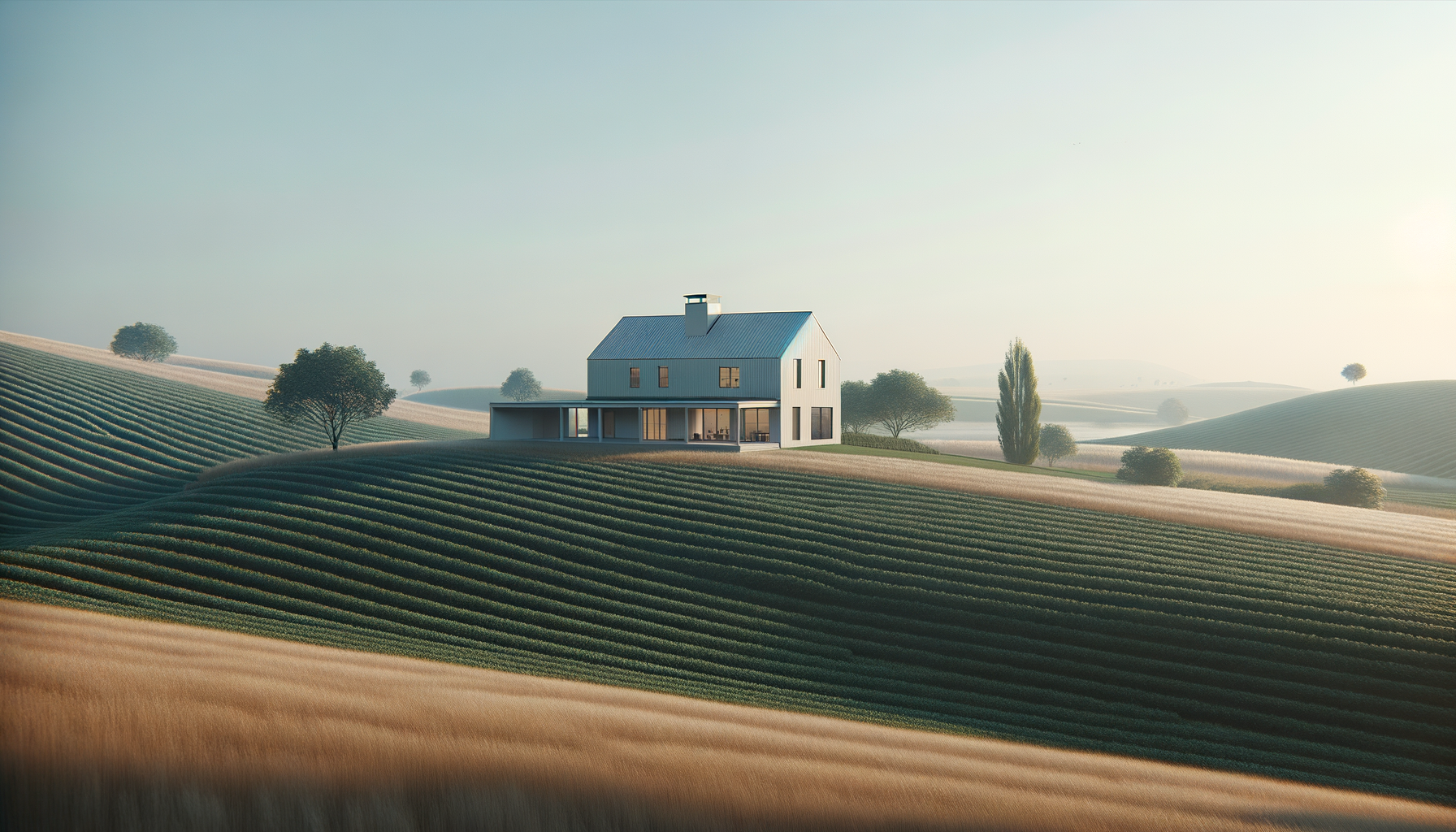 A house with a modern design situated on a hilltop, surrounded by rolling farmland with neat, patterned fields and scattered trees, under a clear sky.