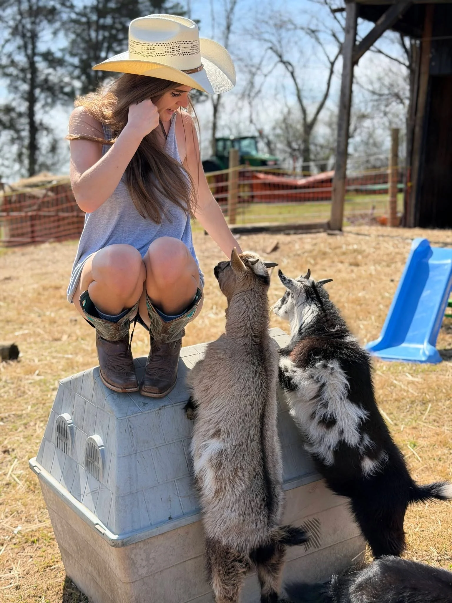 A woman in a cowboy hat and casual clothes kneels on a dog house, interacting with two small goats, outdoors with trees and a fence in the background.