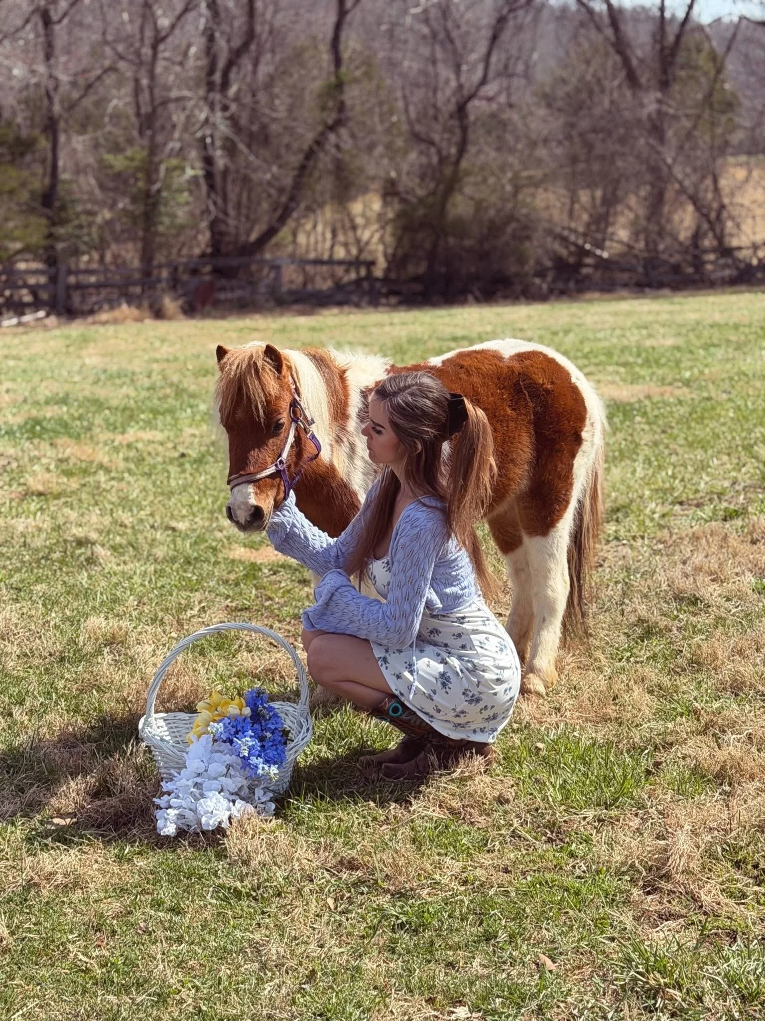 A woman kneeling next to a small brown and white pinto pony, holding its halter, with a basket of white and blue flowers nearby in a grassy field.