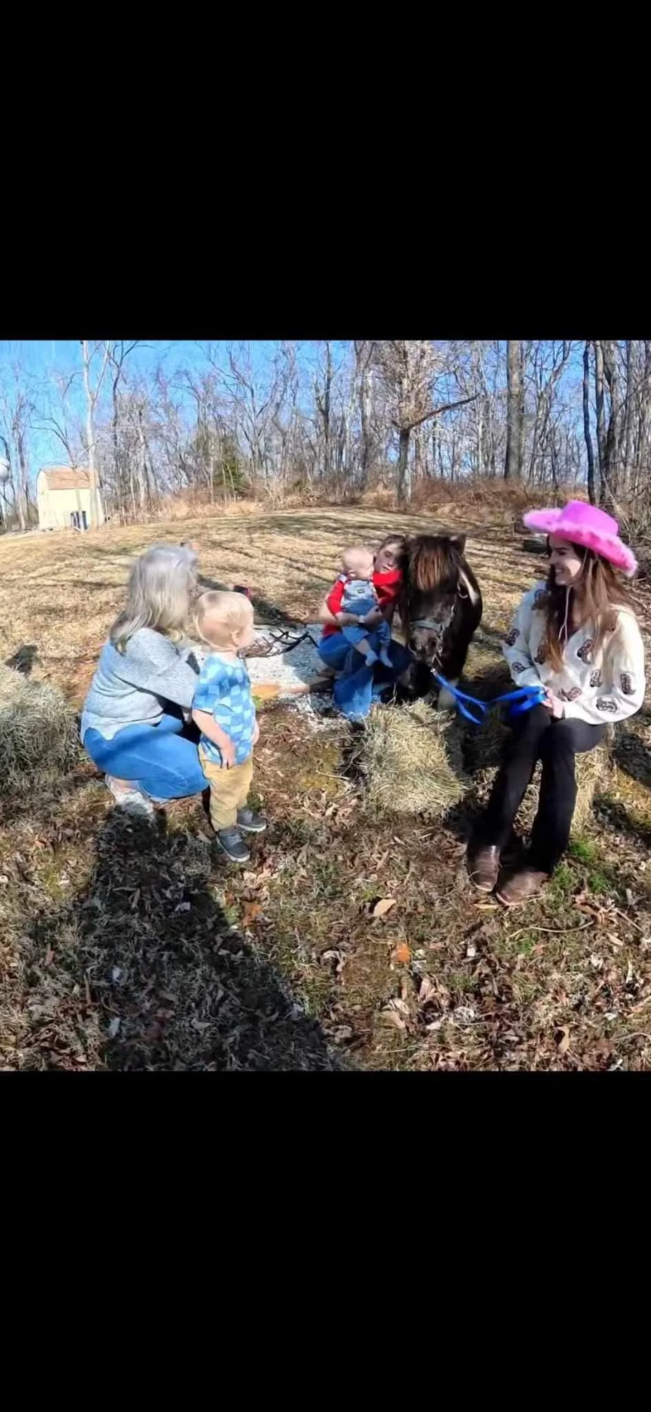 A woman with a pink hat sitting on the ground next to a horse, surrounded by two young children and another woman with gray hair, in a wooded outdoor area on a sunny day.