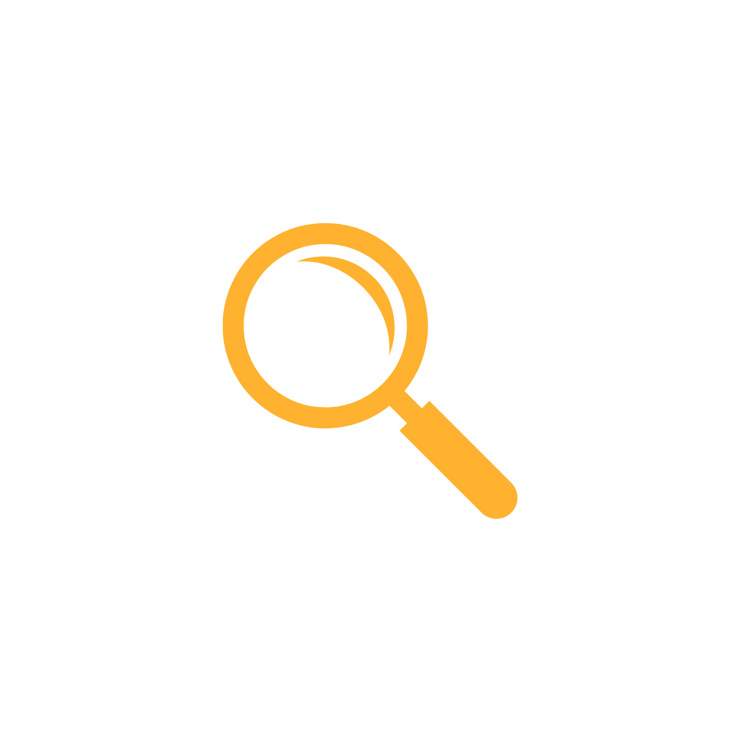 Magnifying glass icon with orange handle and frame, with a black background.