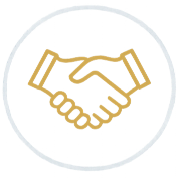 A logo featuring two shaking hands in front of a pink and yellow background, enclosed in a blue circle.