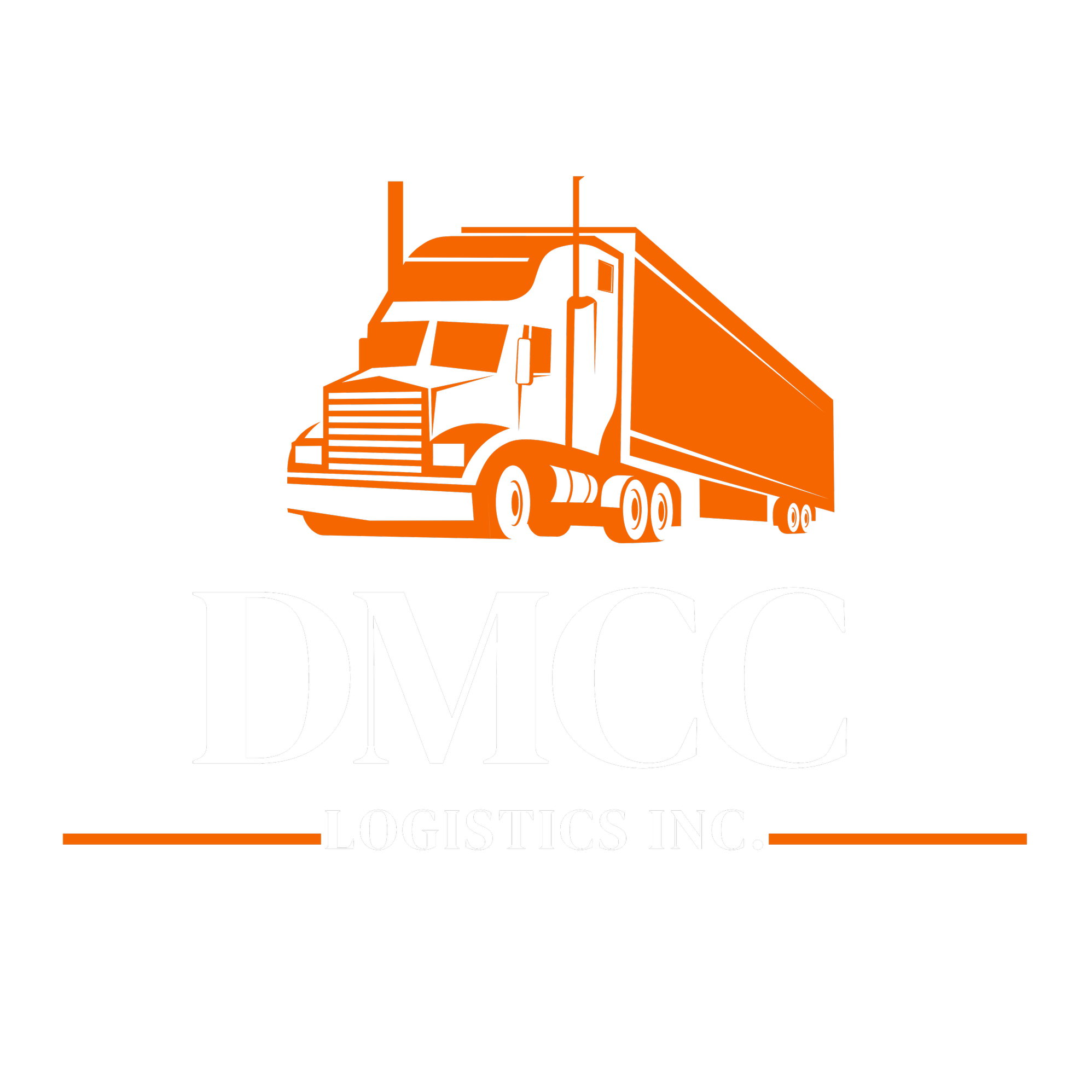 Logo for DMC Logistics Inc. featuring an orange truck outline above the company name on a black background.