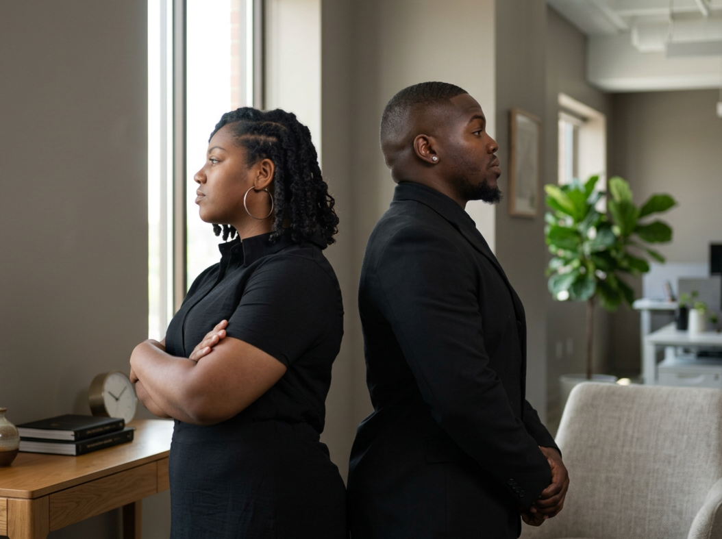 A woman and a man standing back to back indoors, looking away from each other with serious expressions.