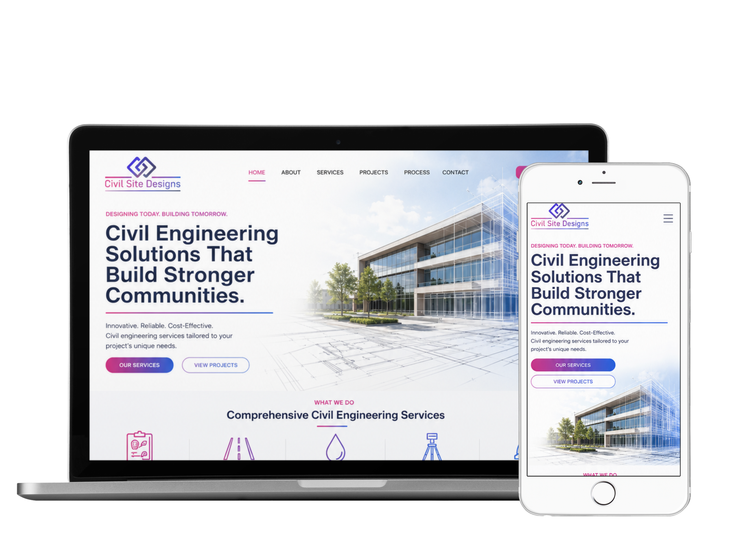 A laptop and smartphone displaying the website of Civil Site Designs, an engineering service company, with images of a modern building and architectural drawings.