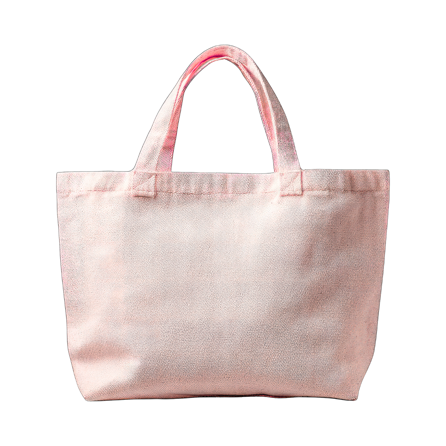 A pink fabric shopping tote bag with handles, set against a black background.