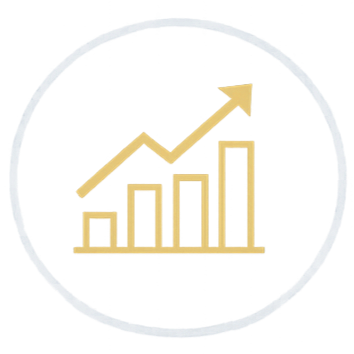 A line graph with an upward trend, showing increasing bars and an arrow pointing upwards inside a circle.