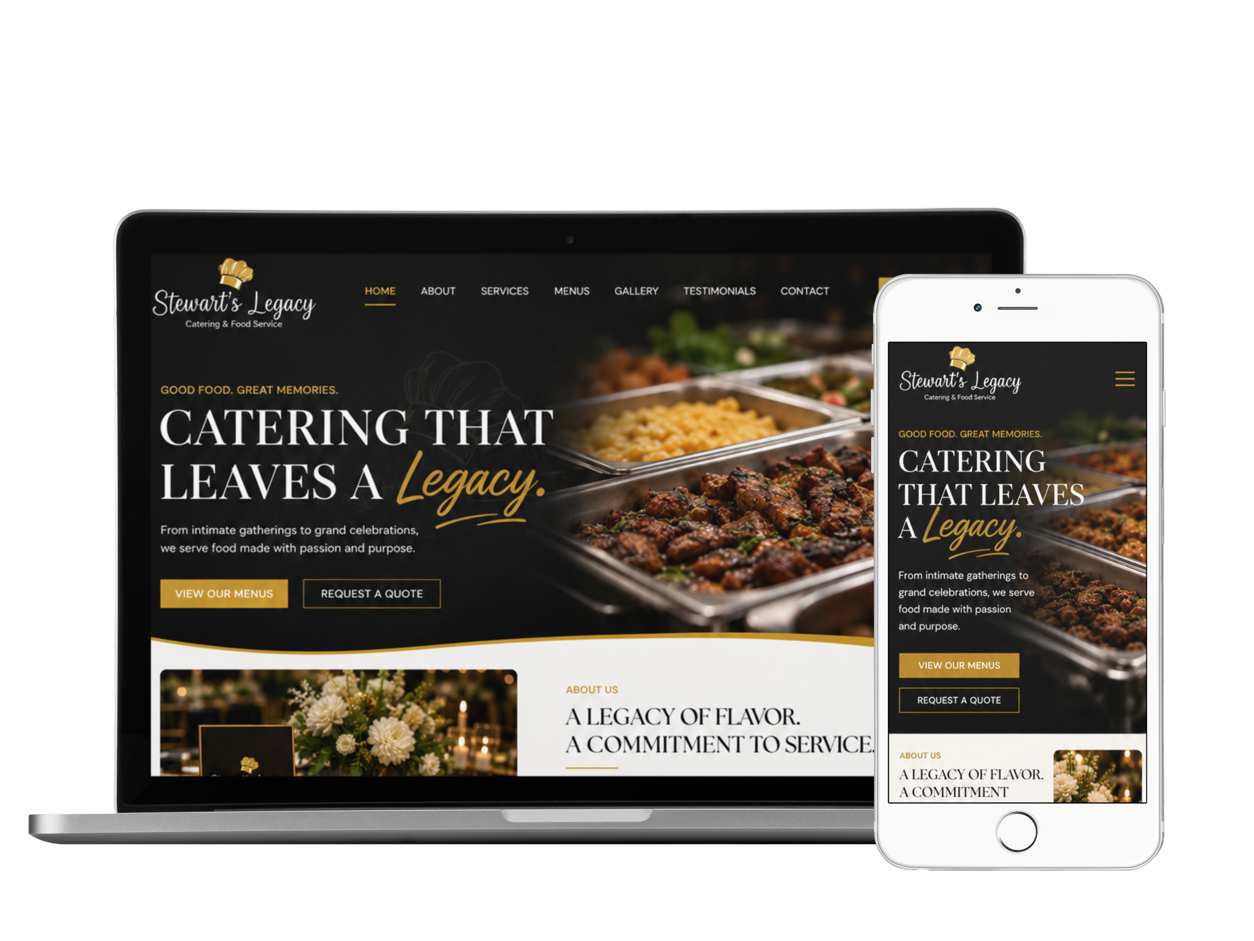 Website displayed on tablet and smartphone screens showcasing Stewart's Legacy catering menu with images of food and floral arrangements.
