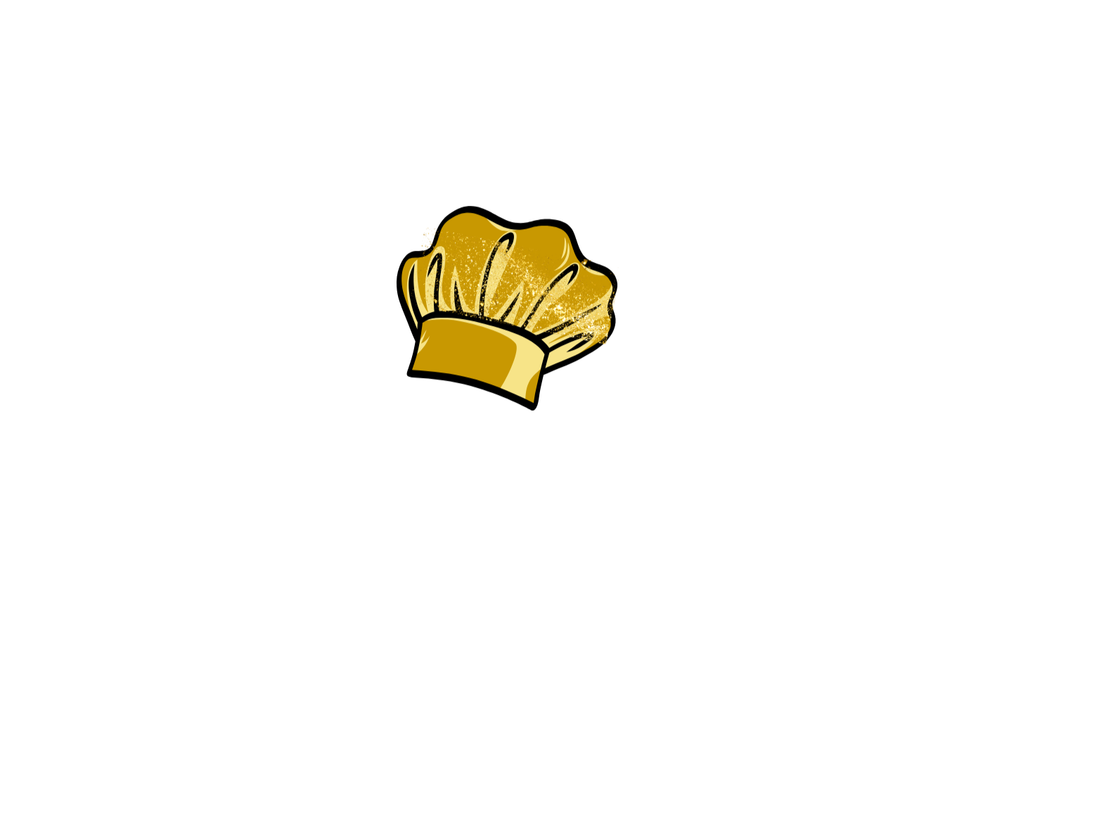 Logo for a bakery with a golden chef's hat and rolling pin, featuring bold black text.