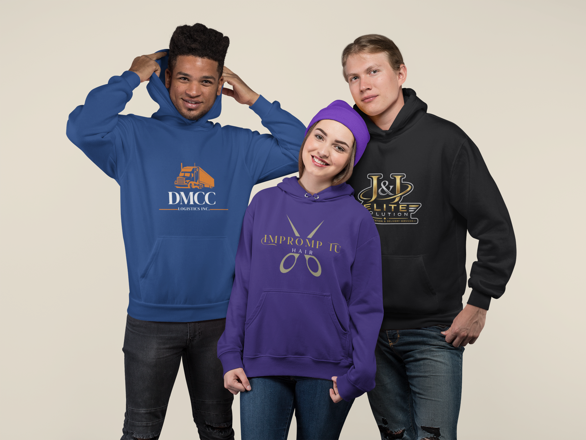 Three young adults posing together, wearing hoodies representing different brands. The person on the left is wearing a blue hoodie with a logistics company logo, the person in the middle is wearing a purple hoodie with a hair salon logo, and the person on the right is wearing a black hoodie with a delivery services logo.