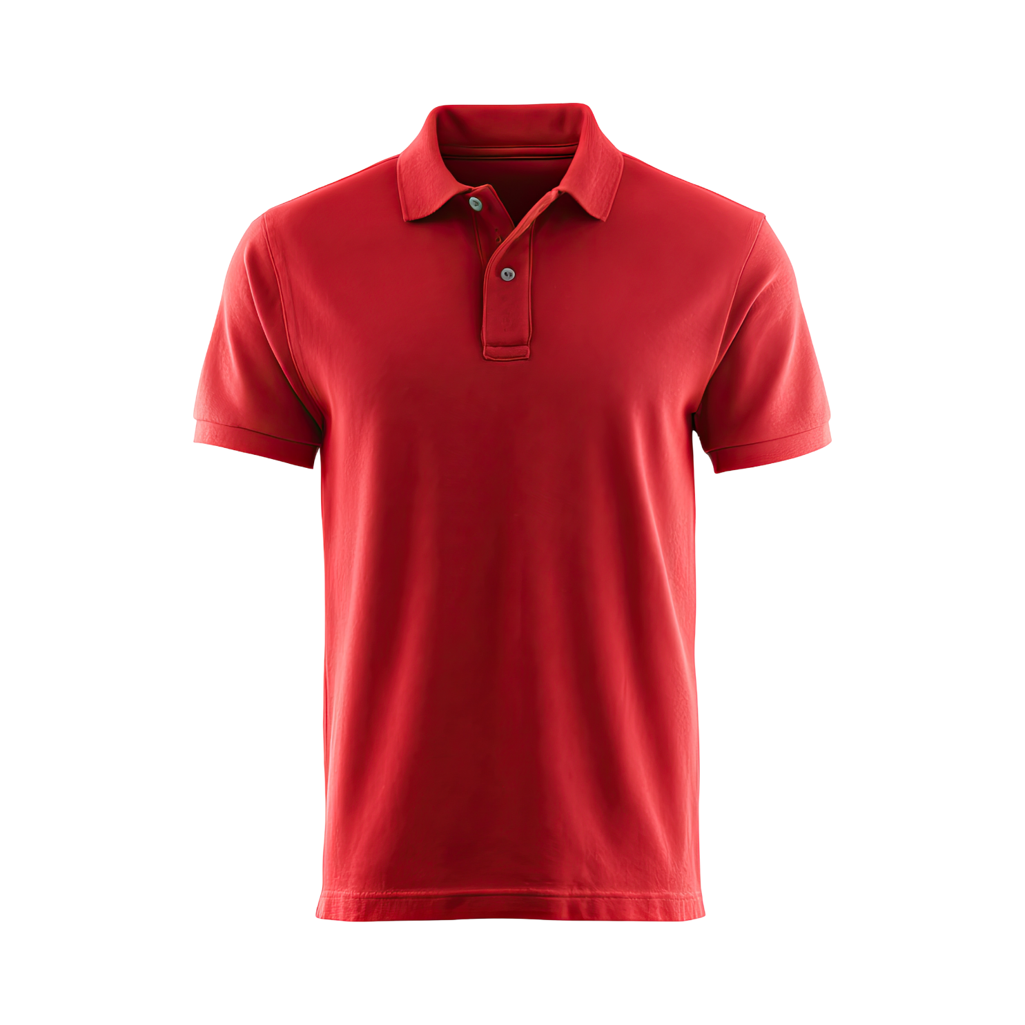Red polo shirt with a collar and button placket on a black background.