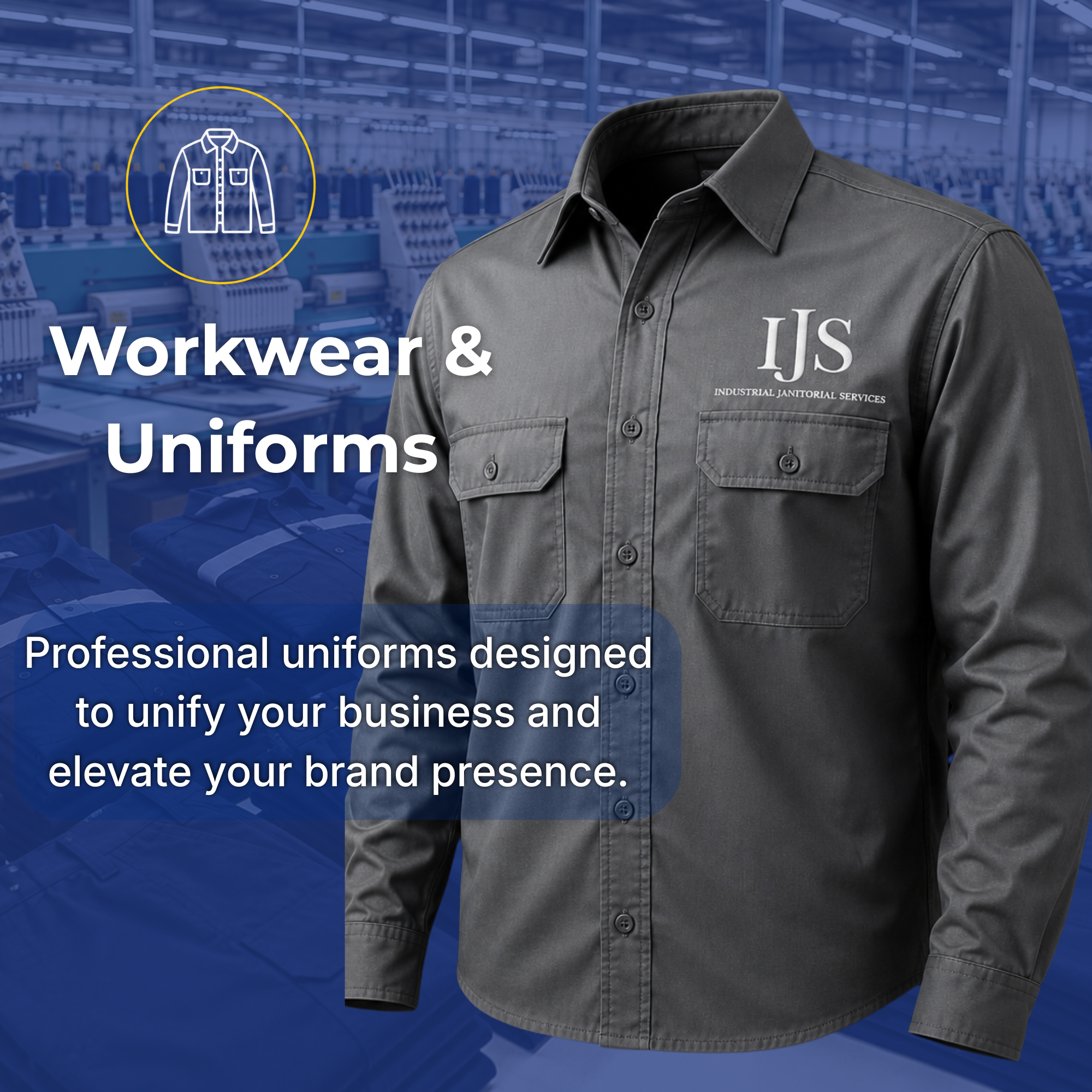 Gray work shirt with IJS logo and text embroidered on left chest, displayed against a blue background with an industrial setting and a highlighted icon of a shirt in a yellow circle, promoting professional workwear and uniforms.