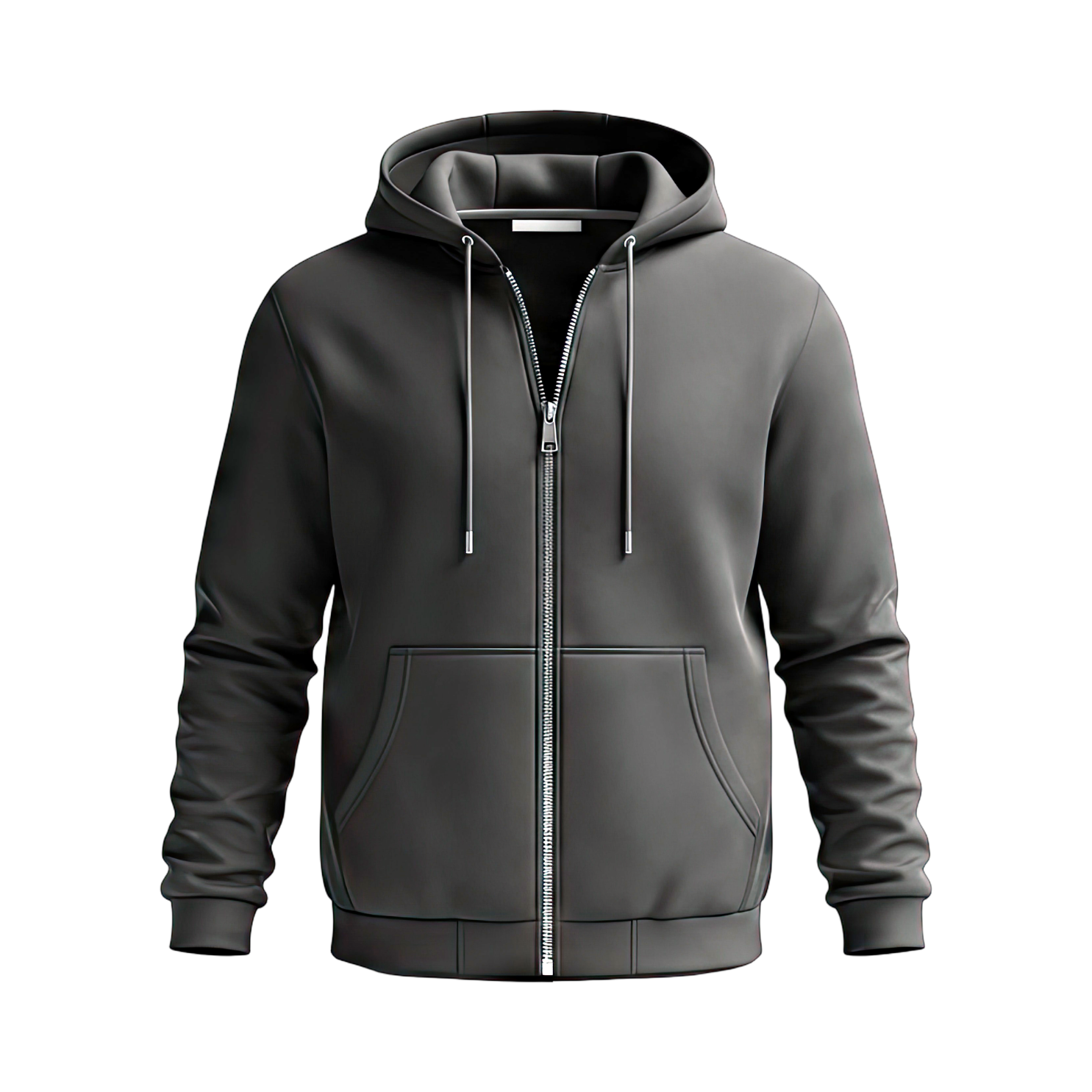 Gray zip-up hoodie with drawstrings against a black background.