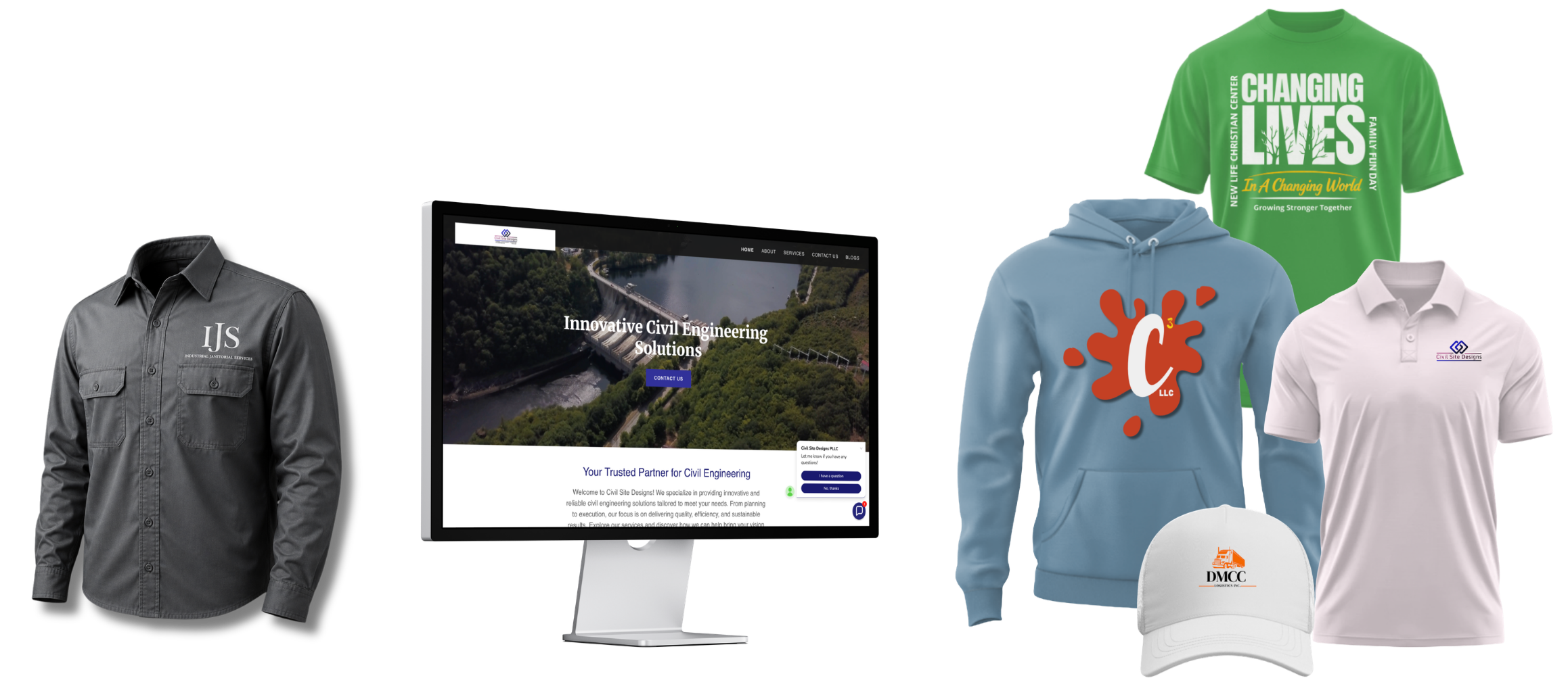 A display stand with various custom branded apparel including a black button-up shirt with 'J's' embroidered, a gray hoodie, a white polo, a light blue hoodie with red splash logo, a green t-shirt with 'Changing Lives' in white and yellow, and a white cap with an orange logo. A computer monitor showing a website for civil engineering solutions is also part of the display.