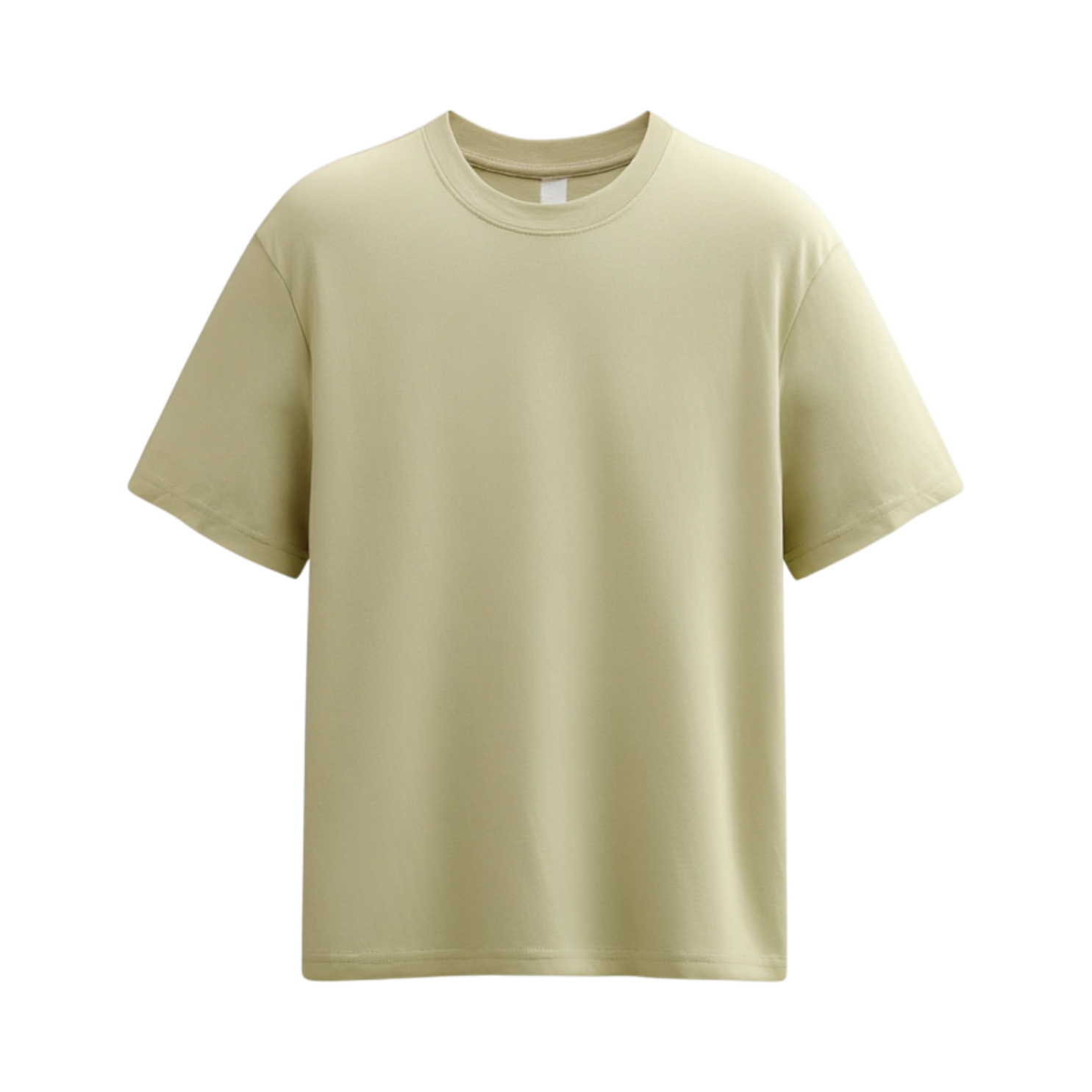 Light yellow T-shirt with a round neckline and short sleeves, hanging against a black and purple background.