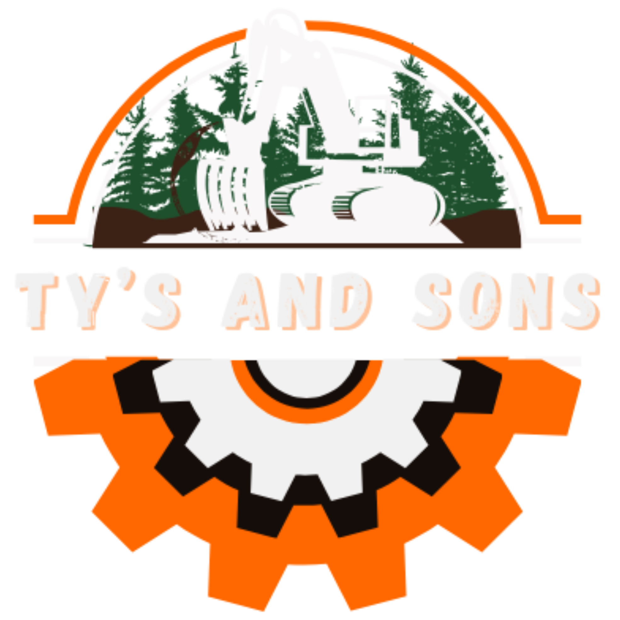 Logo of the company with a black gear surrounding a white gear and a person working on a computer in the center, orange background, and text beneath.