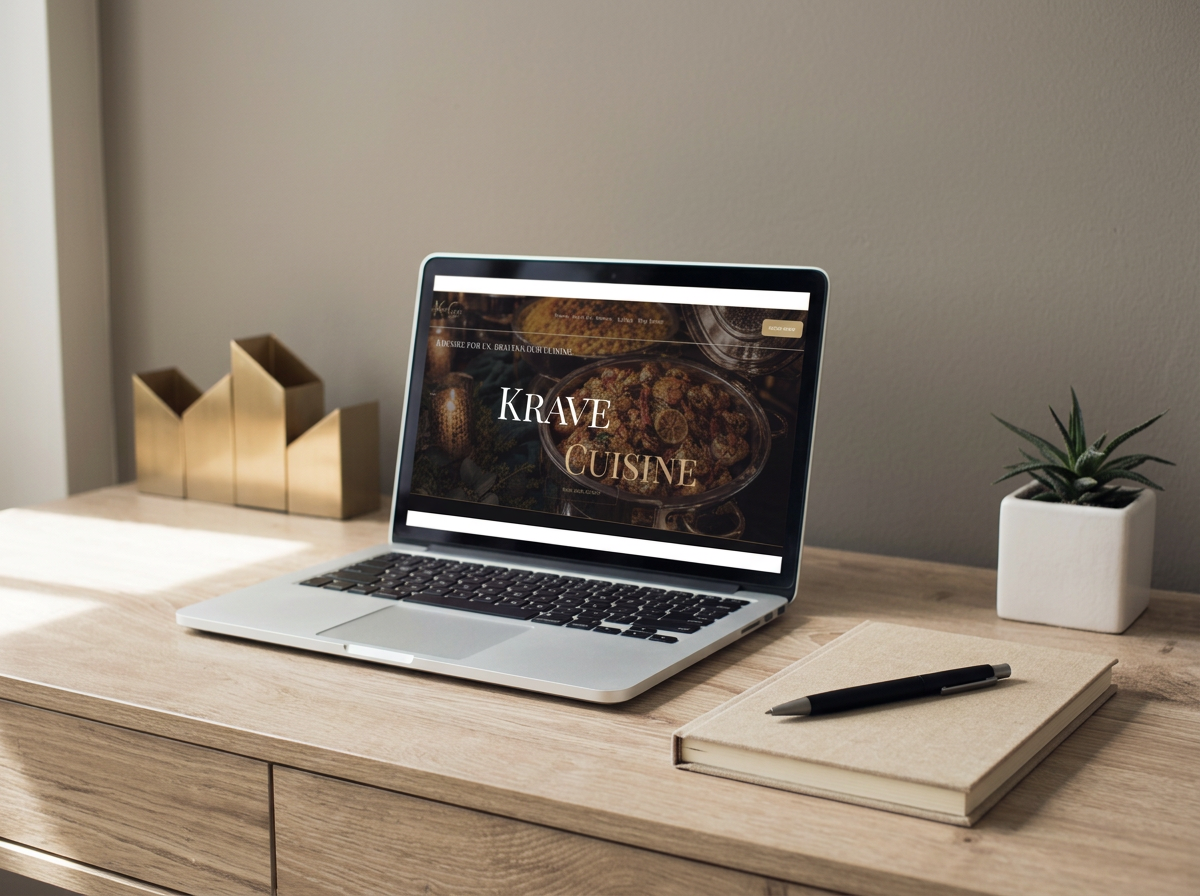 Laptop on a wooden desk displaying a website called 'Krave Cuisine,' next to a closed notebook and pen, with a potted plant and gold-colored file organizers in the background.