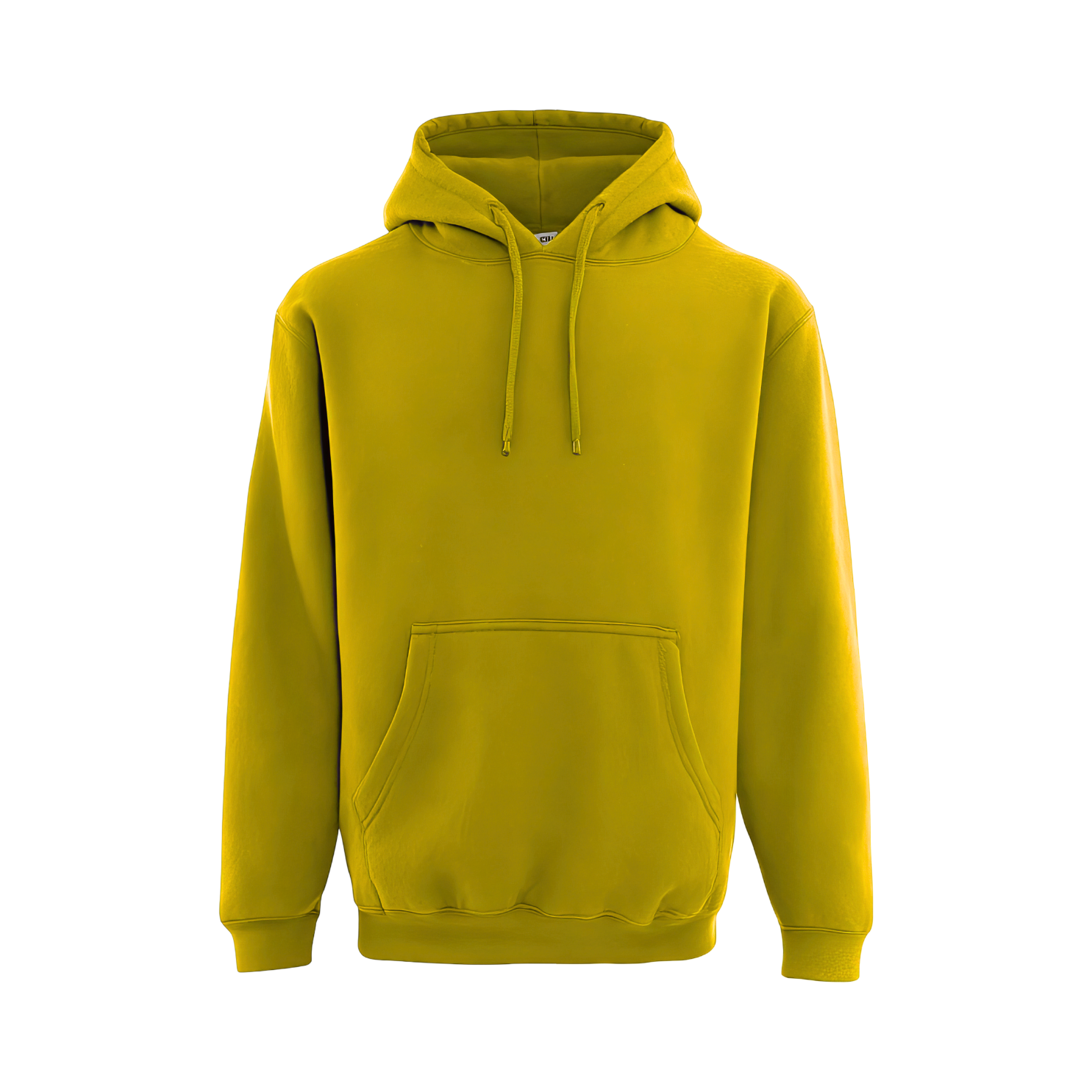Yellow hoodie with front pocket, drawstring hood, and long sleeves.