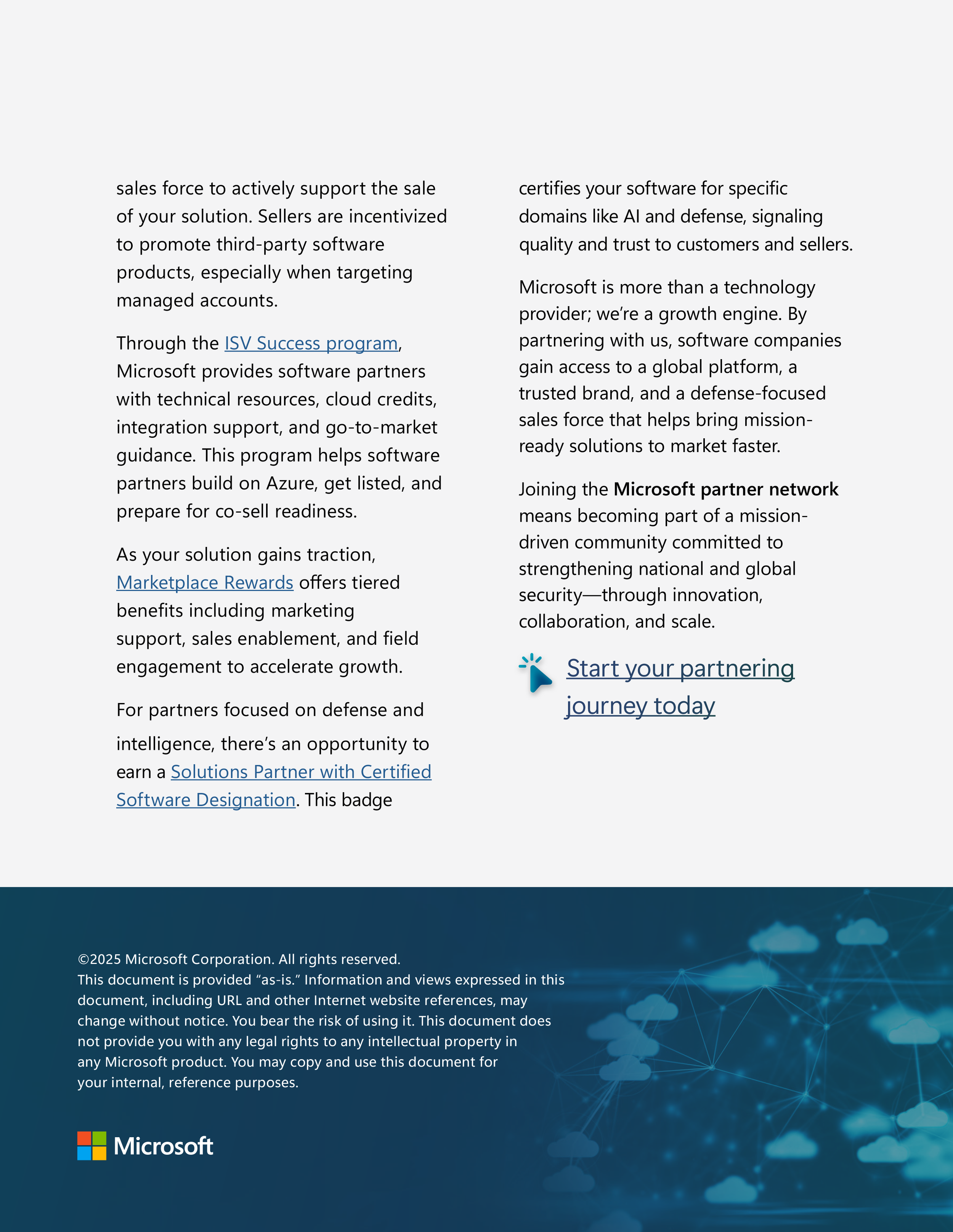 Closing page detailing partner programs, certifications, and benefits, including ISV Success and Solutions Partner designation, with a call to action to start a partnership with Microsoft.