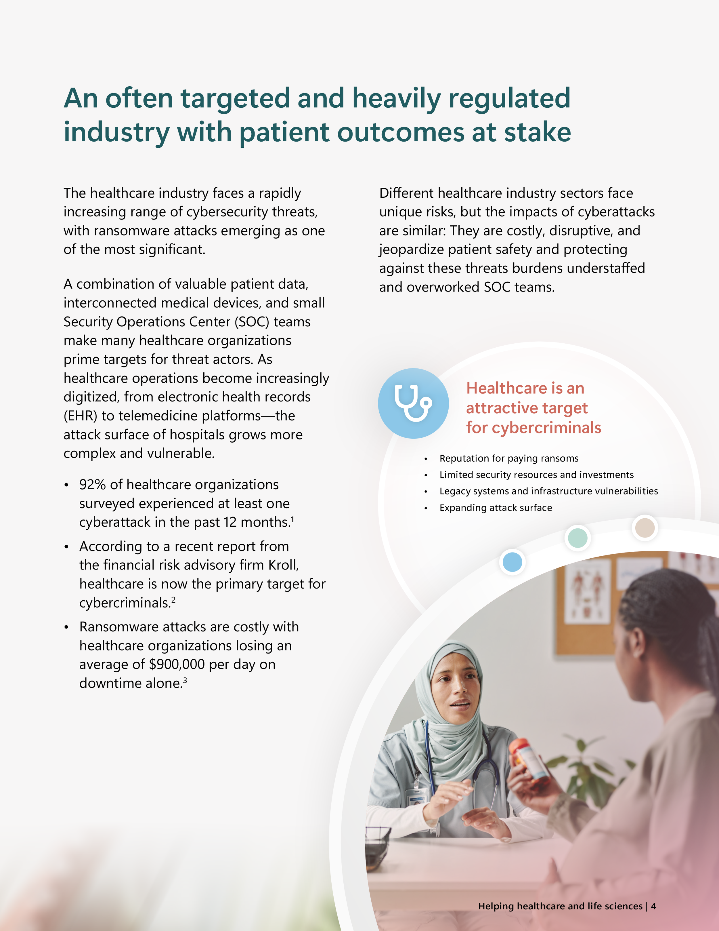 Content page discussing cybersecurity risks in healthcare, including ransomware and data vulnerability, with supporting statistics and an image of a clinician discussing medications with a patient.