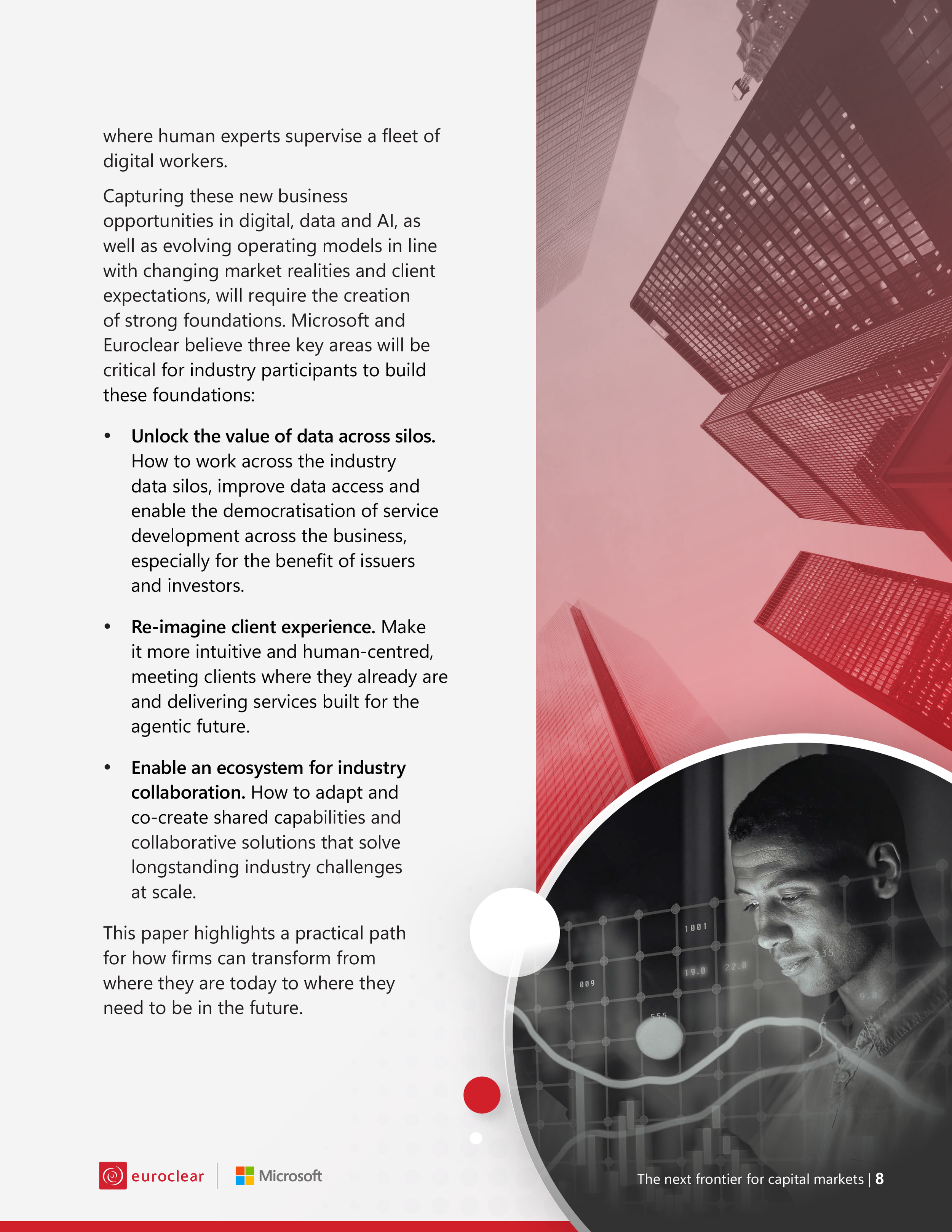 Content page outlining three strategic priorities: unlocking data across silos, reimagining client experience, and enabling industry collaboration, paired with financial data visualization and architectural imagery.